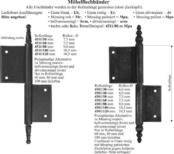 Fischband, alte antike Fitsche, links, Messing roh Bild 2