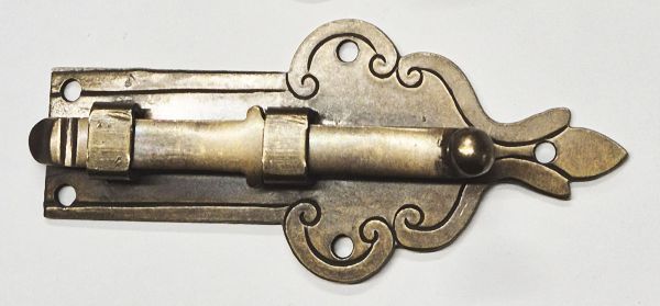 Möbelriegel antik, Riegel, gerade, Messing patiniert. Aus Blech gestanzt und geprägt. Schieber gegossen. Bild 2