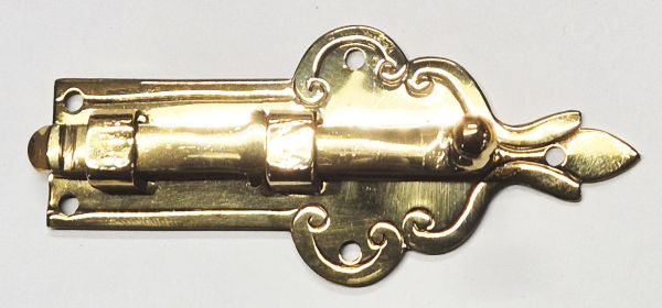 Möbelriegel antik, Riegel, gerade, Messing poliert. Aus Blech gestanzt und geprägt. Schieber gegossen. Auslaufmodell, nur noch 3 Stück verfügbar. Bild 2