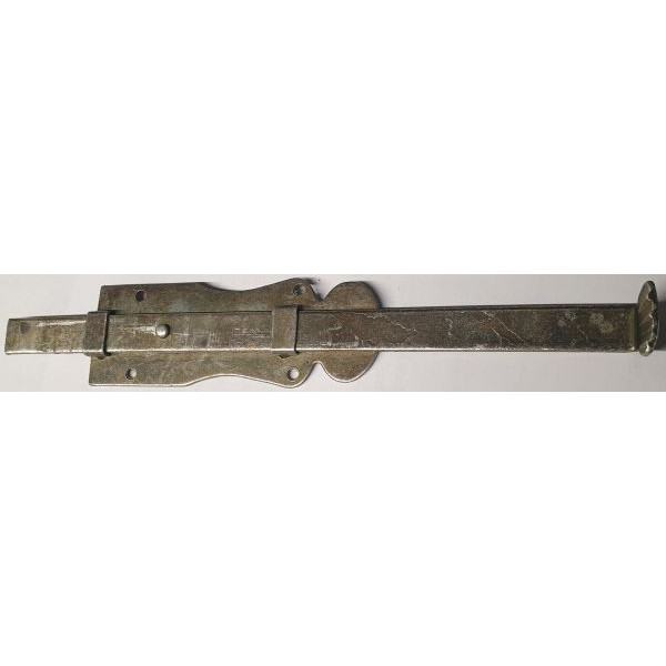 Stangenriegel mit Feder altverzinnt antik, alt für antike Möbeltüren, einfache Ausführung, Hub: ca. 52mm