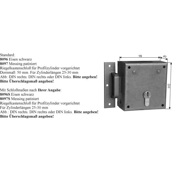 Kastenschloss Zusatzschloss antik, Haustürschloss, für Profilzylinder, Schließzylinder, DIN links Bild 3