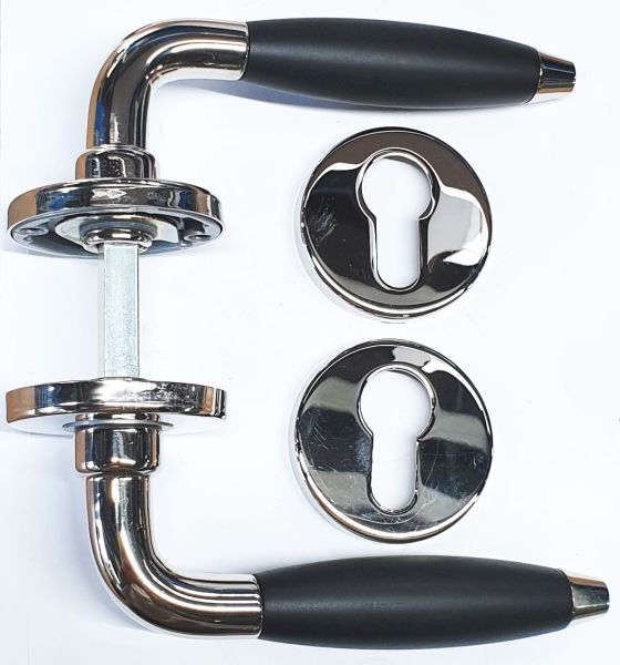 Haustürgarnitur mit 4 Rosetten und schwarzem Holzgriff vernickelt, mit Kunststoffunterteil zum anschrauben Bild 2