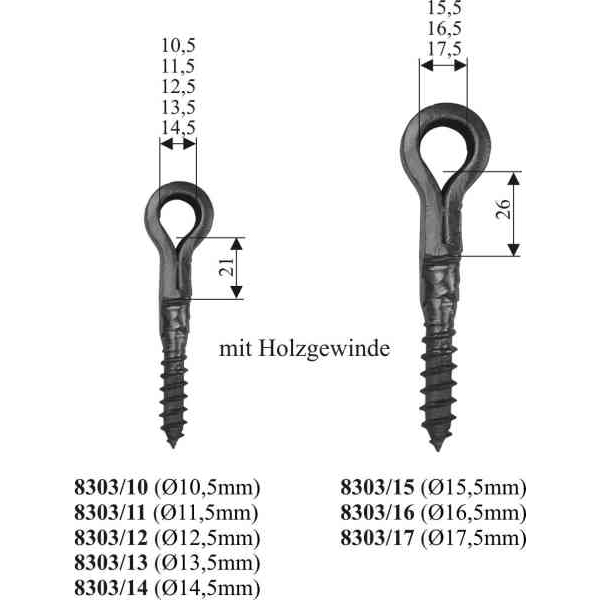 Schlaufe mit Holzgewinde für schweres Türband, Eisen handgearbeitet, schwarz, Innendurchmesser 16,5mm Bild 3