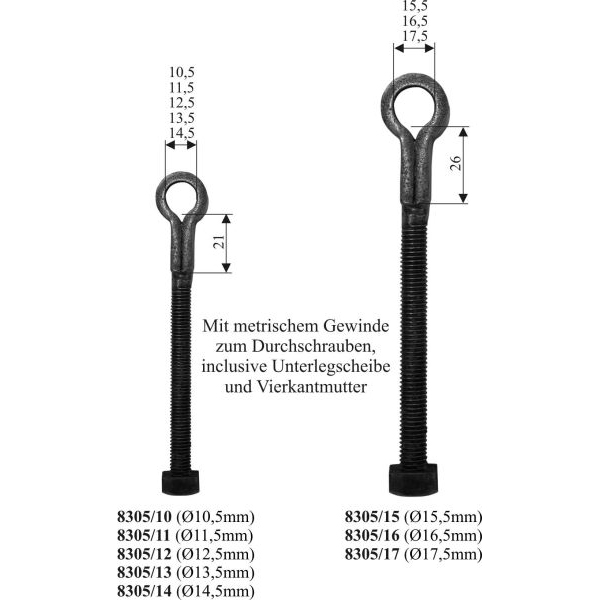 Schlaufe mit metrischem Gewinde für Türbänder, Eisen handgearbeitet, schwarz, Innendurchmesser 15,5mm, zum durchschrauben Bild 3