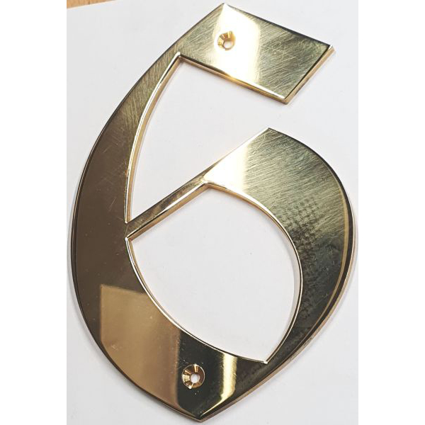 Hausnummer 6 Messing poliert unlackiert, Höhe: 170mm. Alt antik, goldfarben