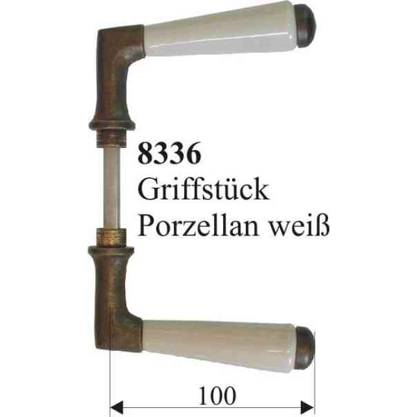 Jugendstil Türgriff antik Porzellan, Drückerpaar, Messing gegossen, Griffstück: Porzellan altweiß, historisch Bild 3