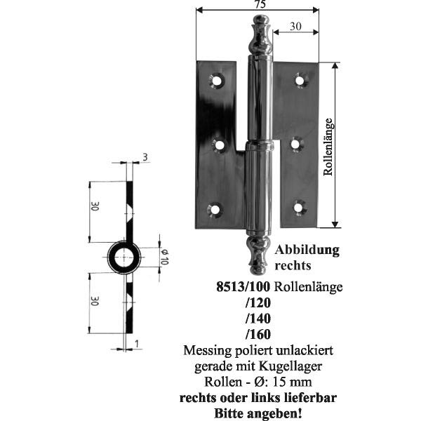 Aufsatzband links, Messing poliert unlackiert, 100mm, Türscharnier, alt, antik,Türscharniere Landhaus, Lappenband Bild 3