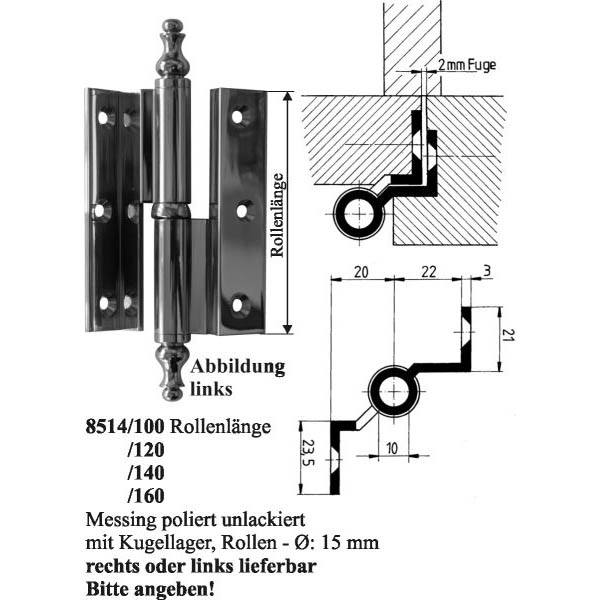 Aufsatzband links, Messing poliert unlackiert, 100mm Kröpfung D/13mm, Türscharnier, alt, antik,Türscharniere Landhaus, Lappenband Bild 3