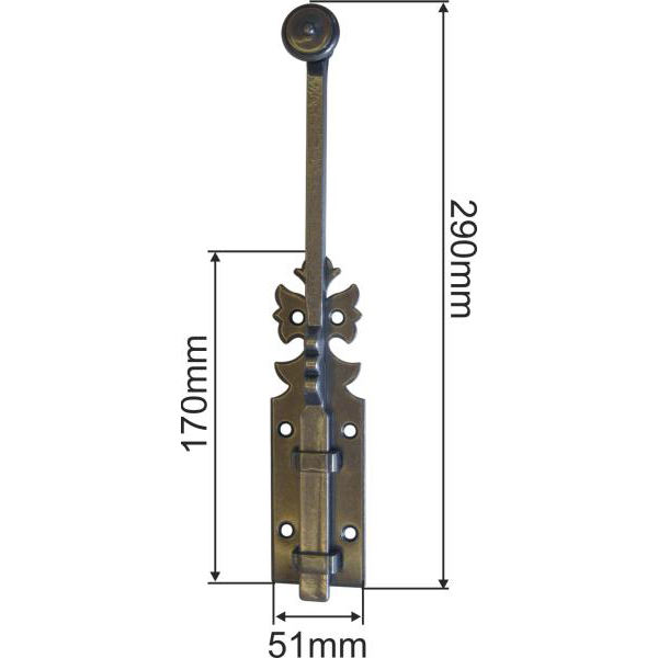 Türriegel antik alt, rustikal, in Eisen matt schwarz lackiert 300mm, Stangenriegel für alte und neue Tür, mit Feder Bild 3