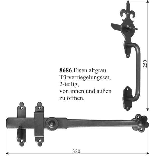 Türverriegelungsset alt, Eisen geglüht, matt klar lackiert. Aus Blech handgefertigt. Bild 3