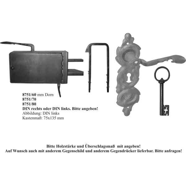 Schlossgarnitur mit einem nostalgischen Drücker, Schlüssel, Schild und Schließkloben, Eisen, DIN rechts, Dornmaß: 80mm Bild 2