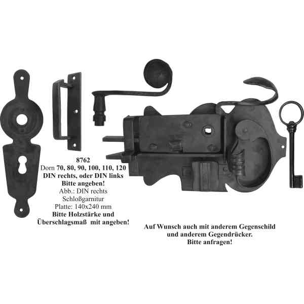 Zimmertürschlossgarnitur Eisen schwarz, DIN links, Dornmaß: 100mm, antike Türschlösser alte Bild 2