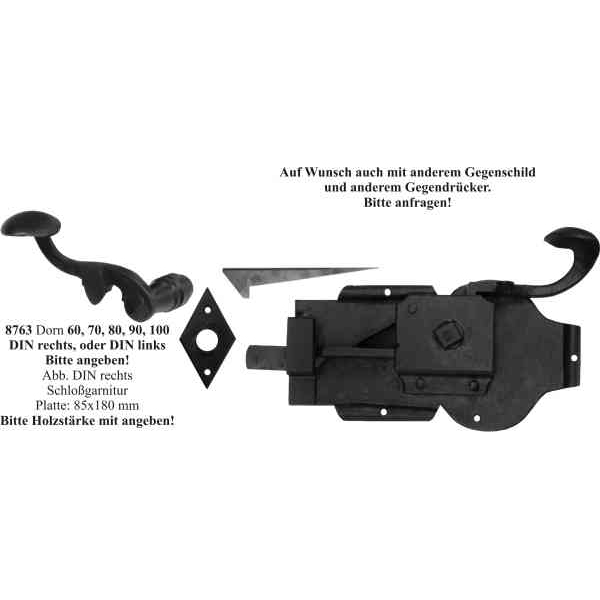 Türschloss alt, antik, Zimmertürschlossgarnitur Eisen schwarz, DIN links, Dornmaß: 100mm Bild 2