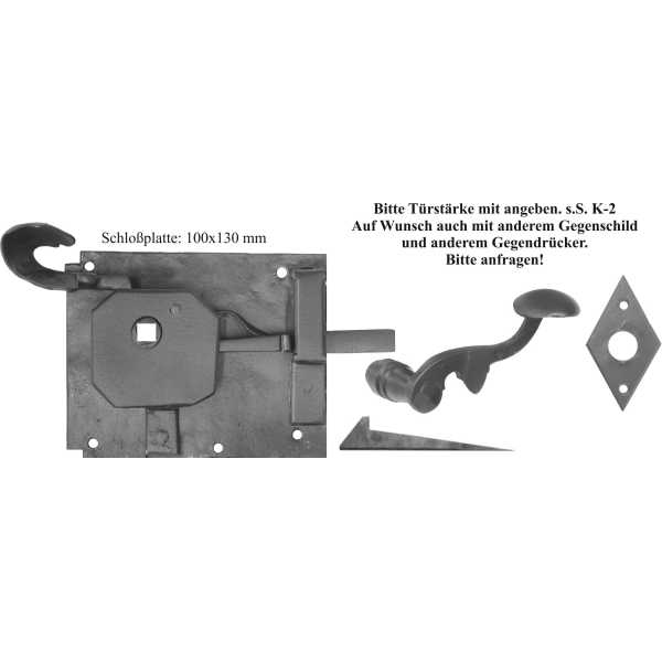 Türschlösser alte, antike, Zimmertürschlossgarnitur aus Eisen  geglüht, DIN links, Dornmaß: 70mm Bild 2