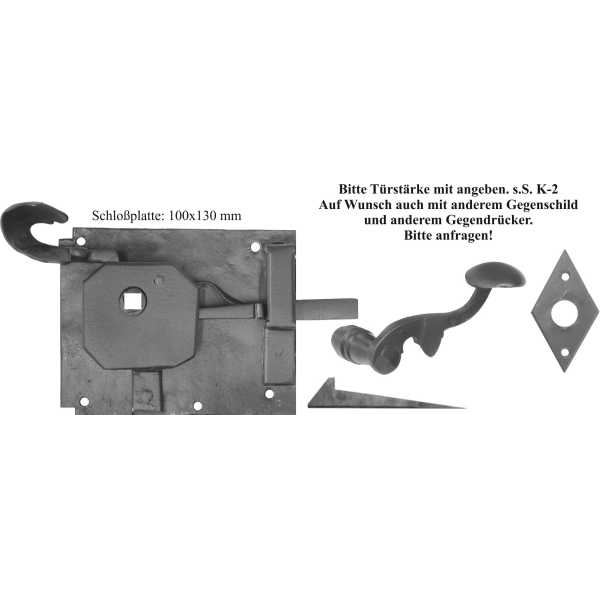 Türschlösser alte, antike, Zimmertürschlossgarnitur in Eisen schwarz, DIN links, Dornmaß: 100mm Bild 2