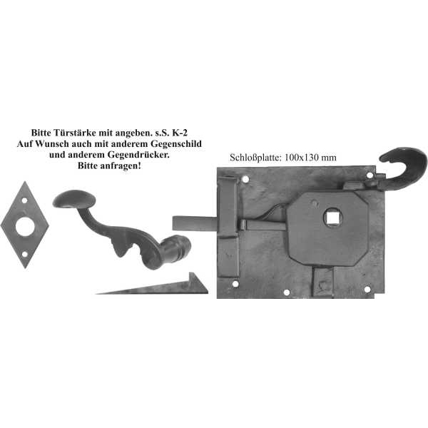 Türschlösser alt, antik, Zimmertürschlossgarnitur Eisen schwarz, DIN rechts, Dornmaß: 70mm Bild 2