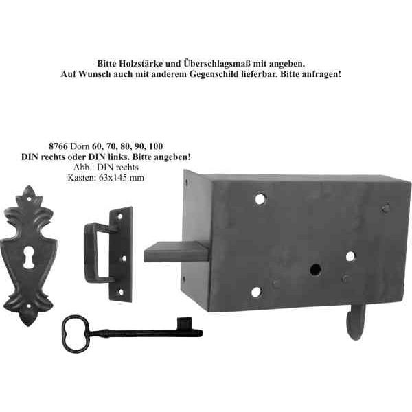 Türschloss altes, rustikales, Zimmertürschlossgarnitur Eisen schwarz, DIN rechts, Dornmaß: 100mm Bild 2