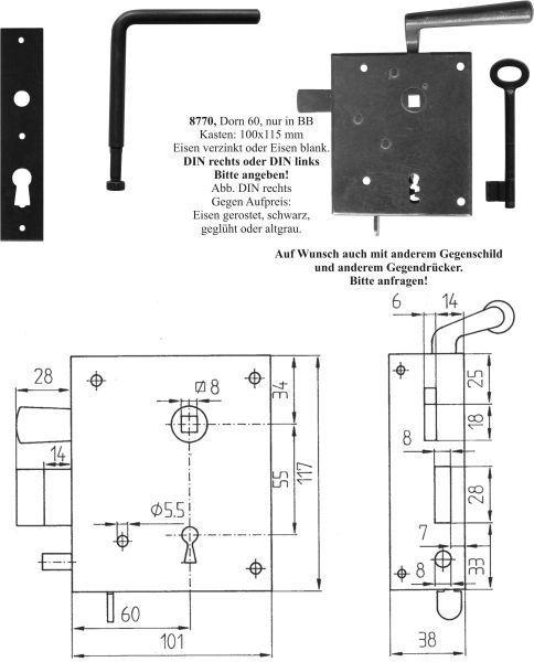 Zimmertürschlossgarnitur, Kastenschloss Buntbart, Mauskastenschloss, Eisen blank, DIN rechts, einwärts, Dornmaß: 60mm, hebende Falle, Nachtriegel Bild 3