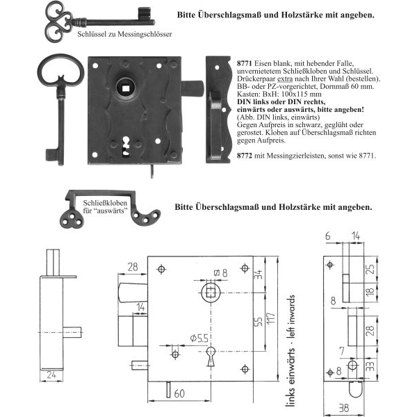 Kastenschloss alt, Mauskastenschloss mit Schlüssel und Messingzierleisten, Eisen blank, DIN links, einwärts, BB, Dornmaß: 60mm, hebende Falle, Nachtriegel Bild 3