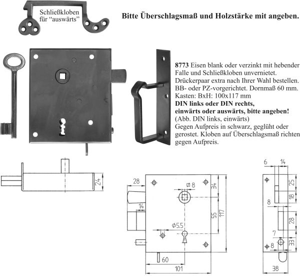 Kastenschloss historisch, Mauskastenschloss mit Schließkloben, Eisen blank, DIN links, einwärts, PZ-vorgerichtet, Dornmaß: 60mm Bild 3