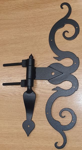 Türband mit Kloben und Doppelschlaufe, altes Torband antikes, historische antike Türbänder für leichte Tore und schwere Haustüren, Eisen matt schwarz lackiert, Höhe: 390mm