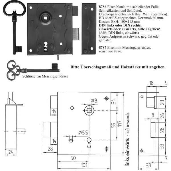 Kastenschloss altertümlich, Mauskastenschloss, Eisen blank mit Schließkasten, DIN links, einwärts, PZ-vorgerichtet, schiessende Falle und Wechsel Bild 3