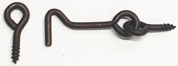 Fensterladenhaken, Windhaken, Fensterladen Haken, Sturmhaken mit Öse, Eisen patiniert und rostfarben gewachst