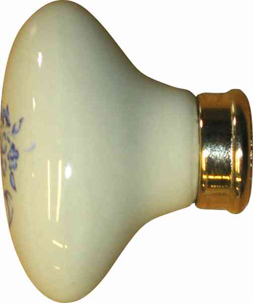 Porzellanknopf antik, mit blau bemaltem alt weißem Porzellan, hellvermessingter Sockel, Möbelknopf Keramik Bild 2
