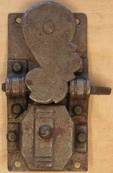 Schrankschloss, Eisen rostig, Dorn 25mm rechts, antik, alt (L)+(O)