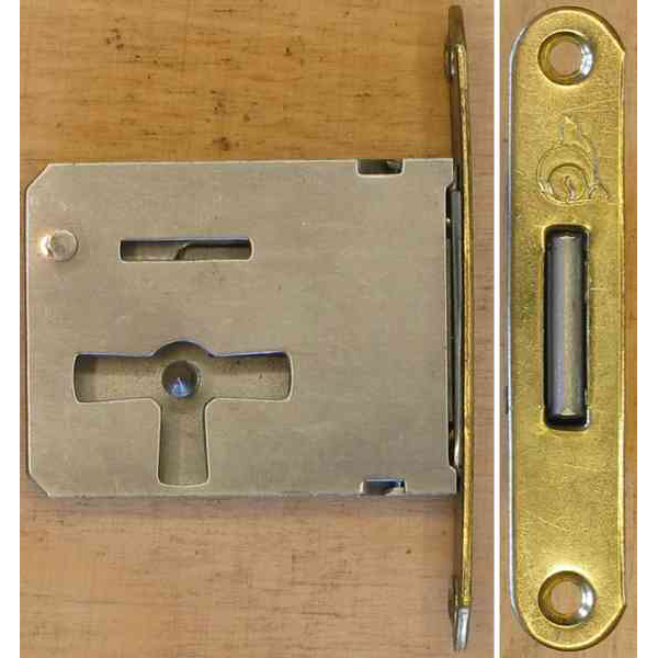 Einsteckschloß, Dorn 35, links, antik, alt, rundes Stulpblech 68x12,5 mm mm (L)