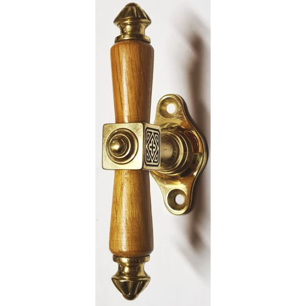 Fenstergriff mit Eiche hell Griff in top Qualität, Messing poliert unlackiert. Fensterbeschläge historisch alt
