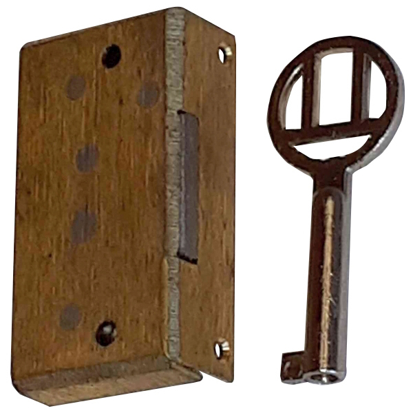 Mini-Kastenschloss, Messing geschliffen, mit vernickeltem Schlüssel, Dorn 10mm rechts, Stulpe 4,5mm Bild 2
