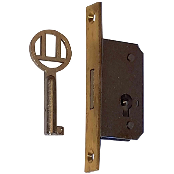 Einsteckschloß, Dorn 10,5mm, rechts, mit vermessingter Stulpe und vernickeltem Schlüssel