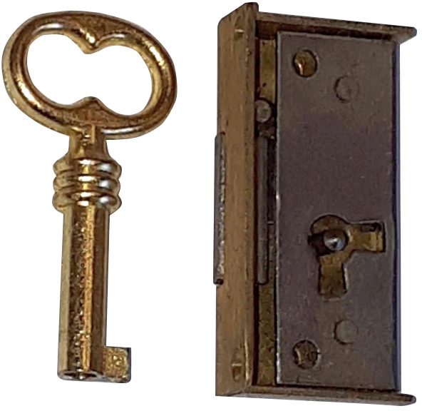 Mini-Kastenschloss ohne Stulp, Messing roh, mit hell vermessingtem Schlüssel, Dorn 10mm rechts Bild 3