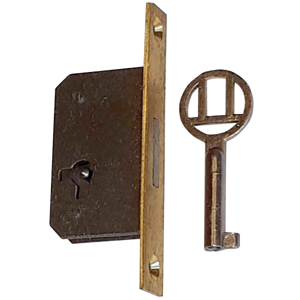 Einsteckschloß, Dorn 13mm, links, mit Messingstulpe und vernickeltem Schlüssel