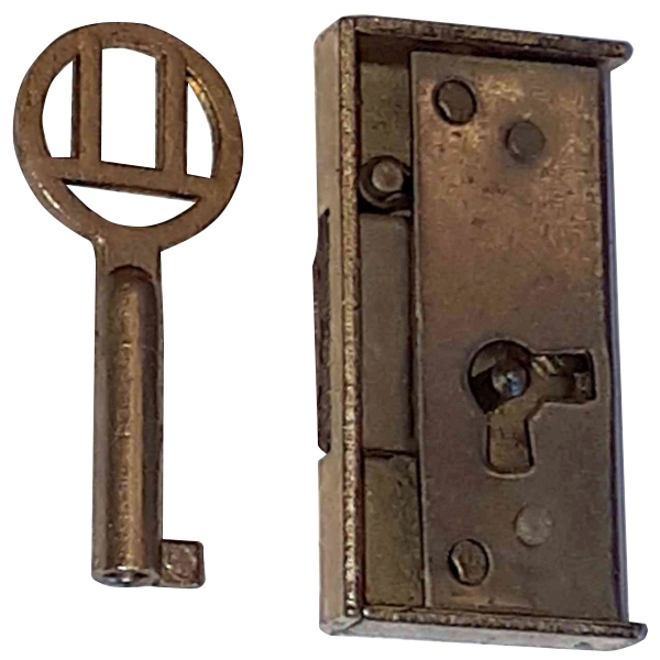 Mini-Kastenschloss ohne Stulp, Eisen blank, mit Schlüssel, Dorn 10mm rechts  R1048
