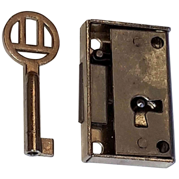 Mini-Kastenschloss, Eisen blank, mit Schlüssel, Dorn 14mm rechts