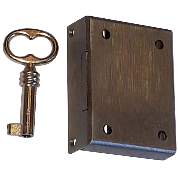 Mini-Kastenschloss mit Stulp, Eisen blank, mit vernickeltem Schlüssel, Dorn 18mm links Bild 3