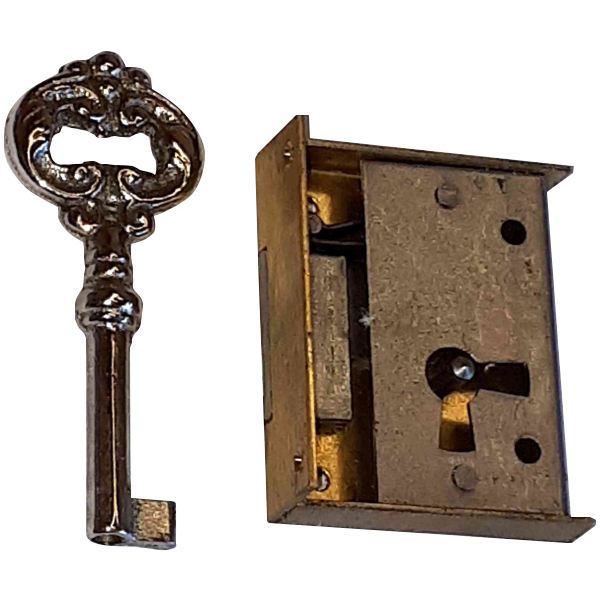 Mini-Kastenschloss, Messing roh, mit vernickeltem Schlüssel, Dorn 21mm rechts Bild 2