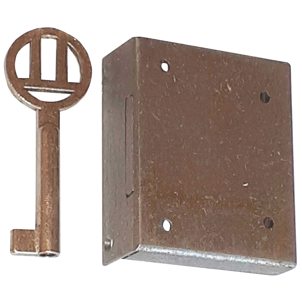Mini-Kastenschloss mit Stulp, Eisen blank, mit vernickeltem Schlüssel, Dorn 21mm links Bild 3