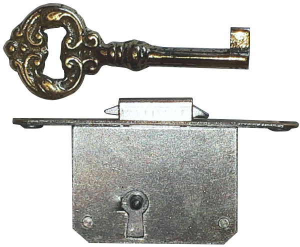 Einsteckschloß, Rollladenschloss mit vernickeltem Schlüssel und vernickelter Stulpe, Dorn 20mm, rechts