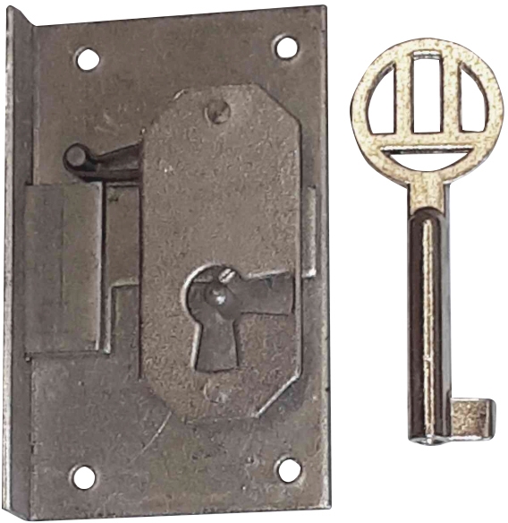 Einlassschloß, Eisen blank mit vernickeltem Schlüssel, Dorn 25mm rechts, antik, alt