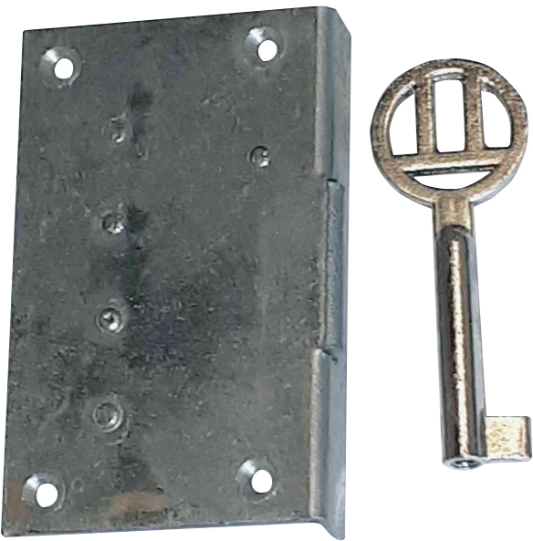 Einlassschloß, Eisen blank mit vernickeltem Schlüssel, Dorn 25mm rechts, antik, alt Bild 2