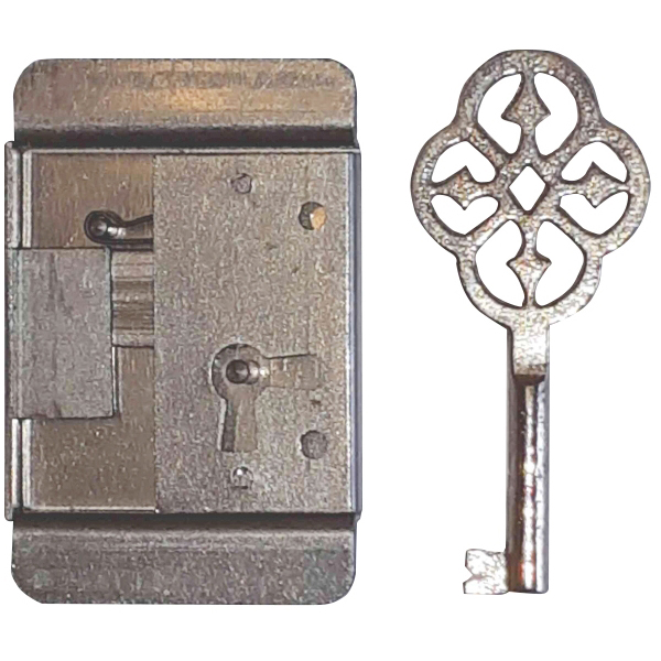 Mini-Kastenschloss, Eisen blank, mit Schlüssel, Dorn 27mm rechts Bild 2