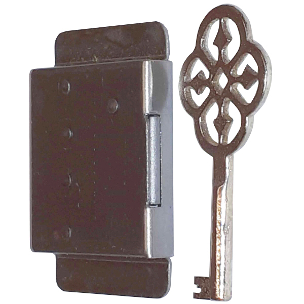 Mini-Kastenschloss, Eisen blank, mit Schlüssel, Dorn 27mm rechts Bild 3