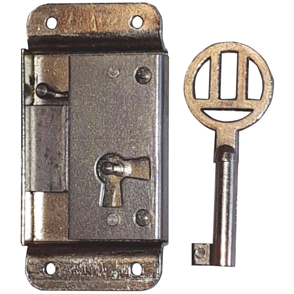 Mini-Kastenschloss, Eisen blank, mit Schlüssel, Dorn 18mm rechts Bild 2