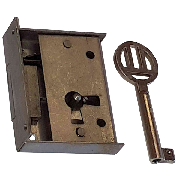 Mini-Kastenschloss, Eisen blank, mit Schlüssel, Dorn 21mm rechts