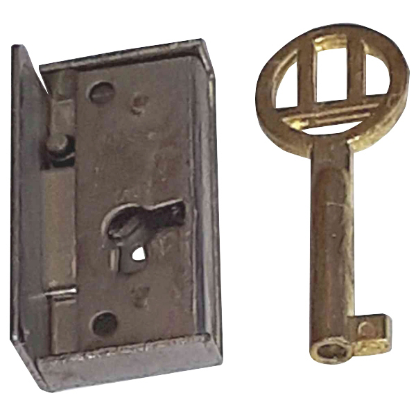 Mini-Kastenschloss, Eisen blank, mit hell vermessingtem Schlüssel, Dorn 10mm rechts