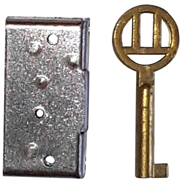 Mini-Kastenschloss, Eisen blank, mit hell vermessingtem Schlüssel, Dorn 10mm rechts Bild 3