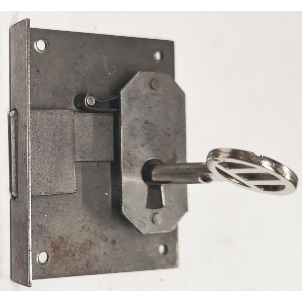 Einlassschloß, Eisen blank mit vernickeltem Schlüssel, Dorn 36mm rechts, antik, alt, Einzelstück, nur 1 x verfügbar Bild 2